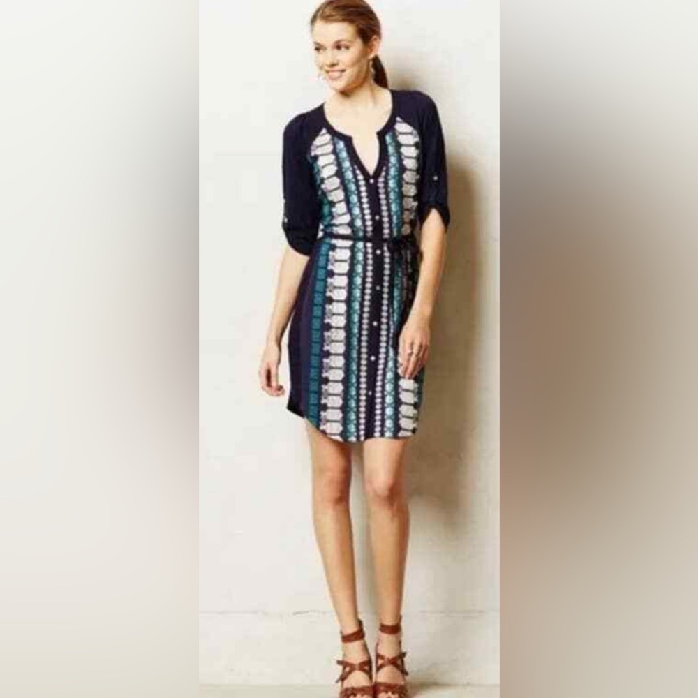 Anthropologie Tiny Nadia Embroidered Split Neck button down Shift Dress